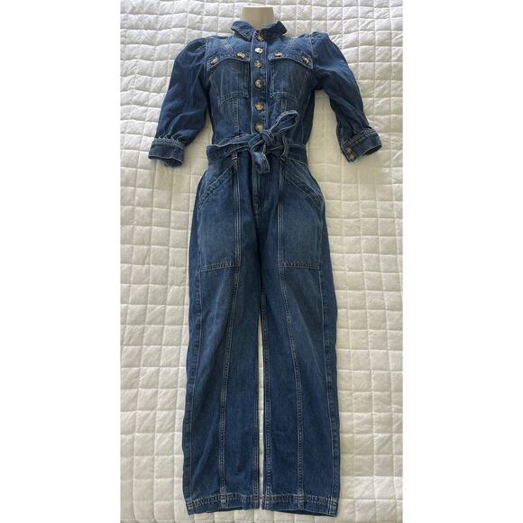 BASH Womens Jumpsuit Denim Dark Wash Belted Bohemian Casual Straight Leg 34 US 2 - Picture 2 of 14
